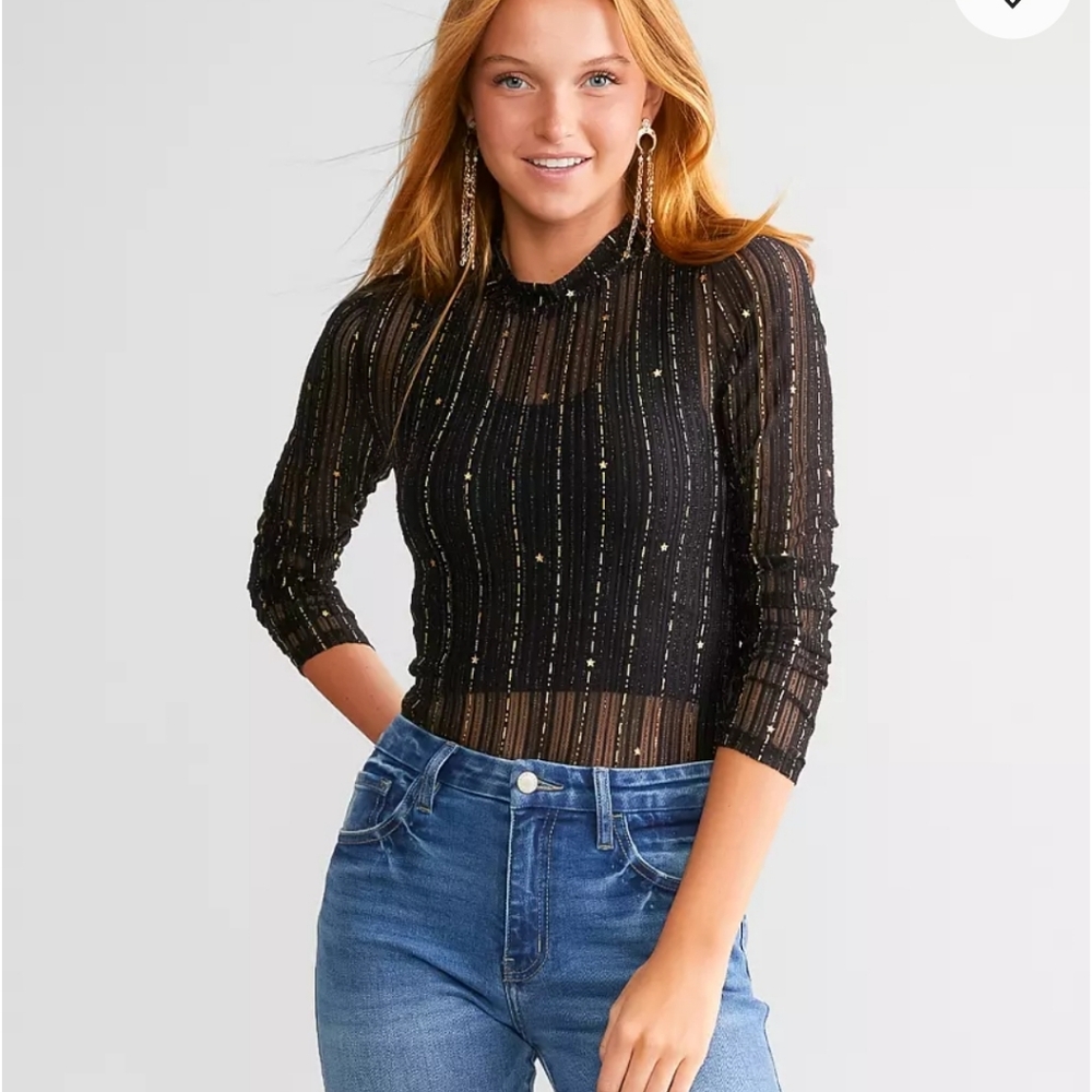 Sheer Metallic Stripe Black Long-Sleeve Blouse